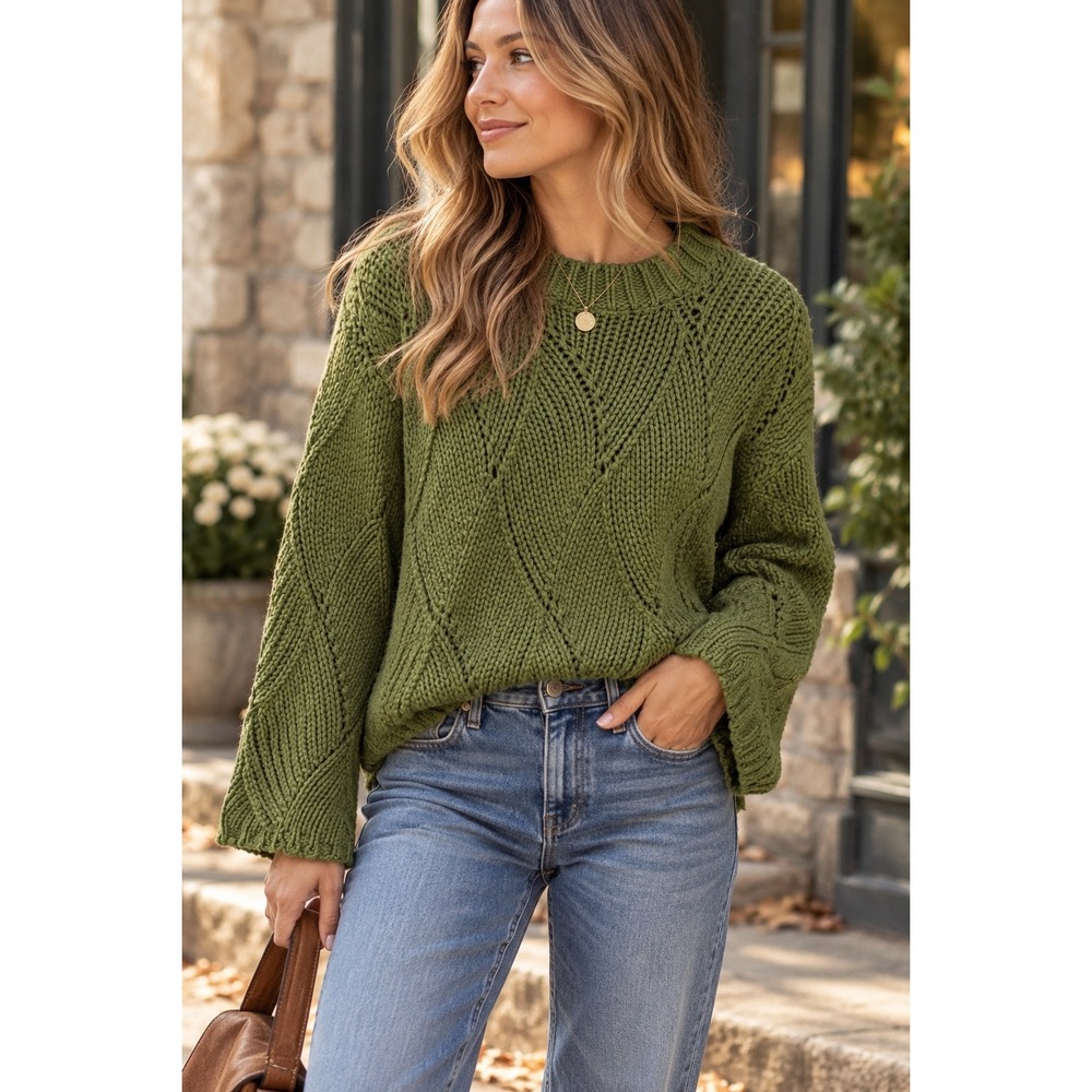 BIBI Olive Green Chunky Open Knit Sweater Large Boho Oversized Cottagecore